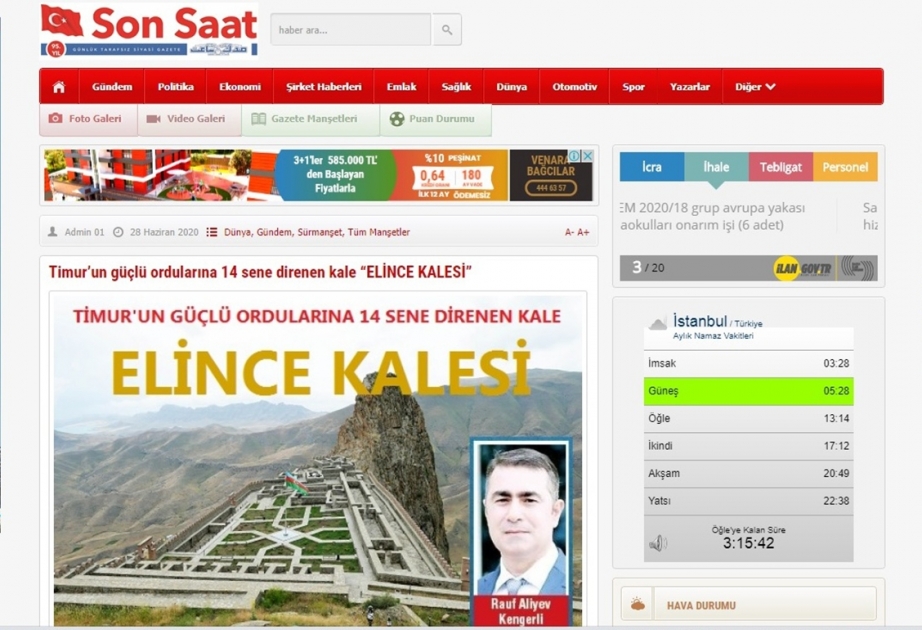 Türkiyə mətbuatında Əlincə qalasına həsr edilmiş məqalə işıq üzü görüb