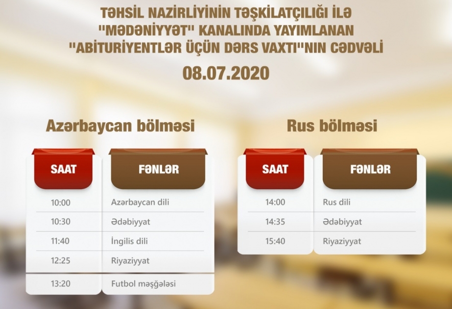 “Abituriyentlər üçün dərs vaxtı”nın iyulun 8-nə olan cədvəli