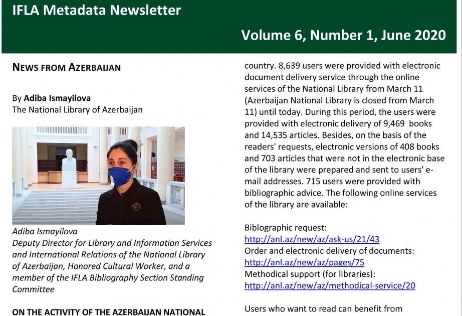 “IFLA Metadata Newsletter” nəşrində Azərbaycan Milli Kitabxanası haqqında məqalə verilib