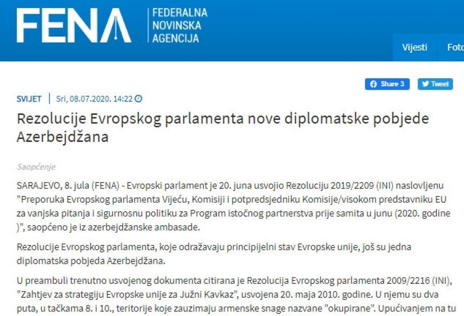 Bosniya və Herseqovinanın FENA agentliyi: Avropa Parlamentinin qətnaməsi Azərbaycanın növbəti diplomatik qələbəsidir