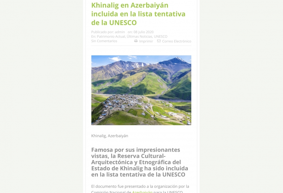 İspaniyanın xəbər portalında “Xınalıq” qoruğunun UNESCO-nun Dünya İrs Siyahısının ilkin siyahısına salınması barədə məqalə dərc olunub