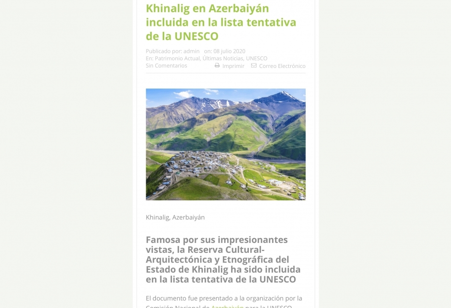 El portal de noticias español publicó un artículo sobre la inscripción de la Reserva Khinalig en la lista tentativa del Patrimonio Mundial de la UNESCO