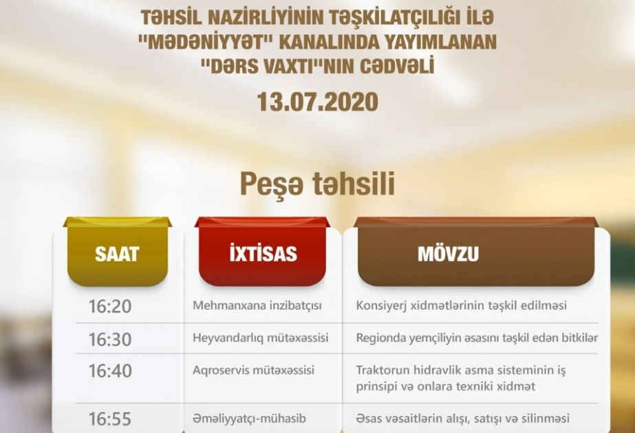 Peşə təhsili üzrə teledərslərin iyulun 13-nə olan cədvəli müəyyənləşdirilib