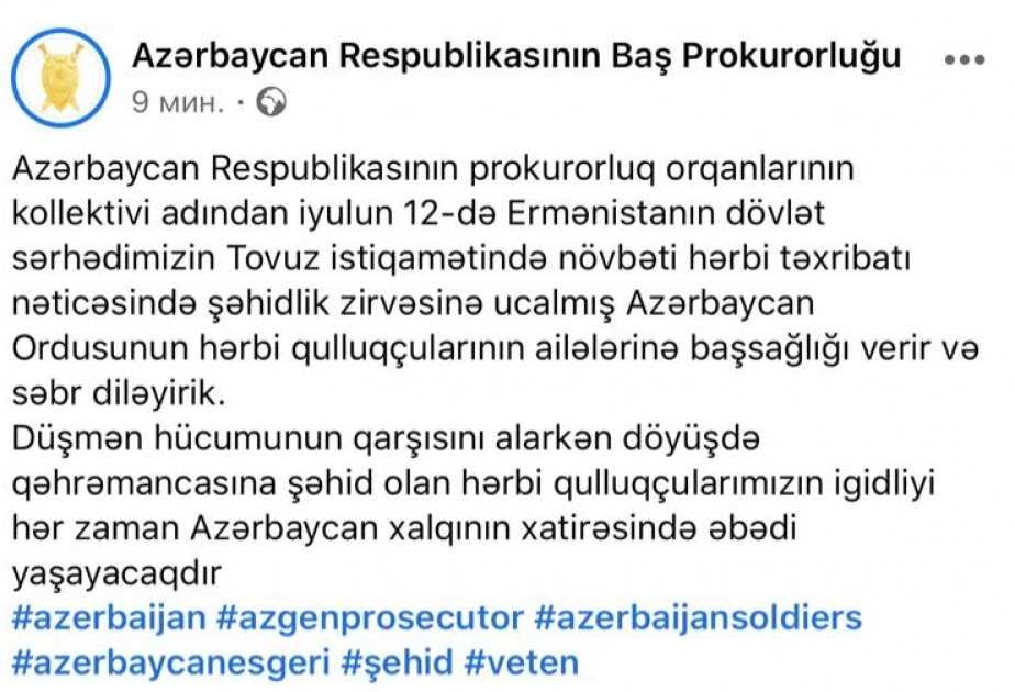 Baş Prokurorluq şəhid olan hərbi qulluqçuların ailələrinə başsağlığı verib