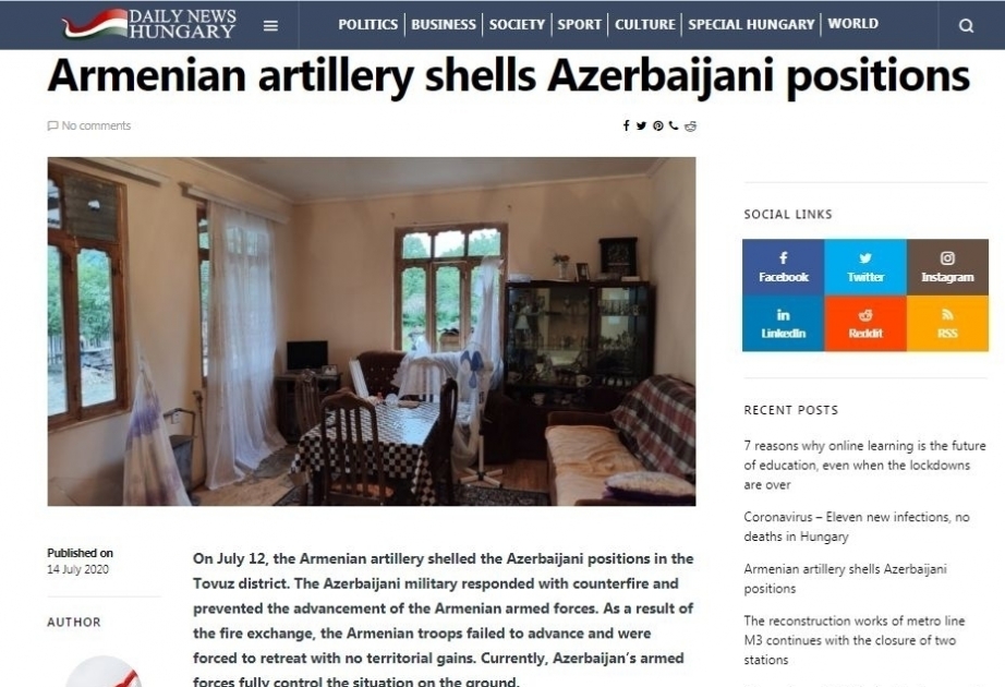 La edición húngara informó sobre la provocación de Armenia en la frontera con Azerbaiyán