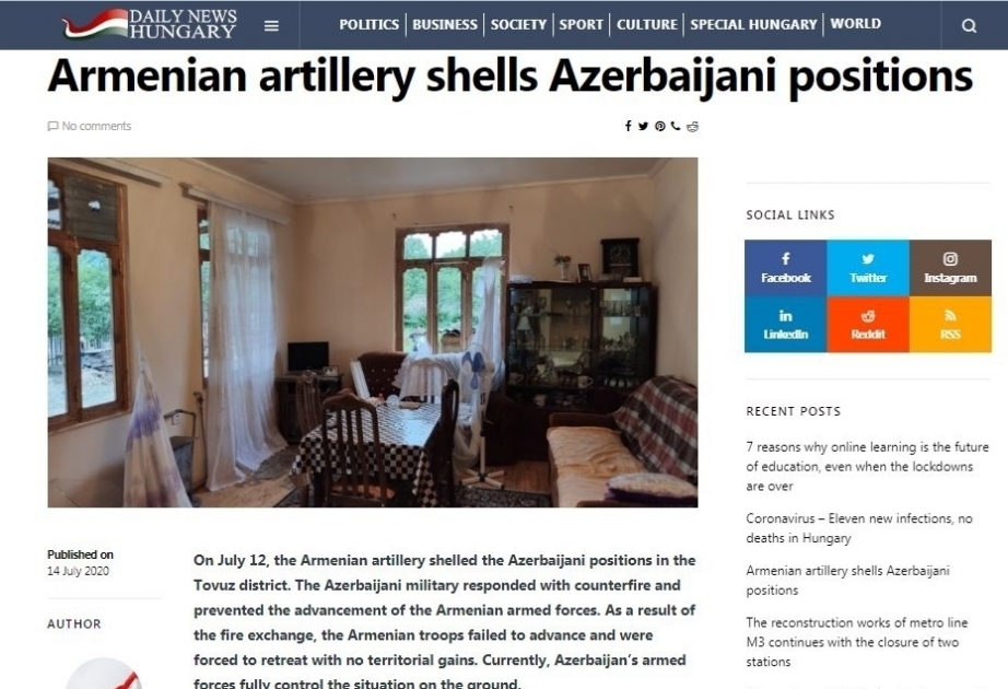 Macarıstan nəşri Ermənistanın Azərbaycan ilə sərhəddə provokasiyası barədə yazır