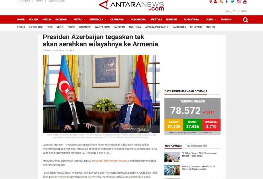 ANTARA agentliyi: Azərbaycan Prezidenti Ermənistanı sərhəddə qarşıdurma yaratmaqda ittiham edir