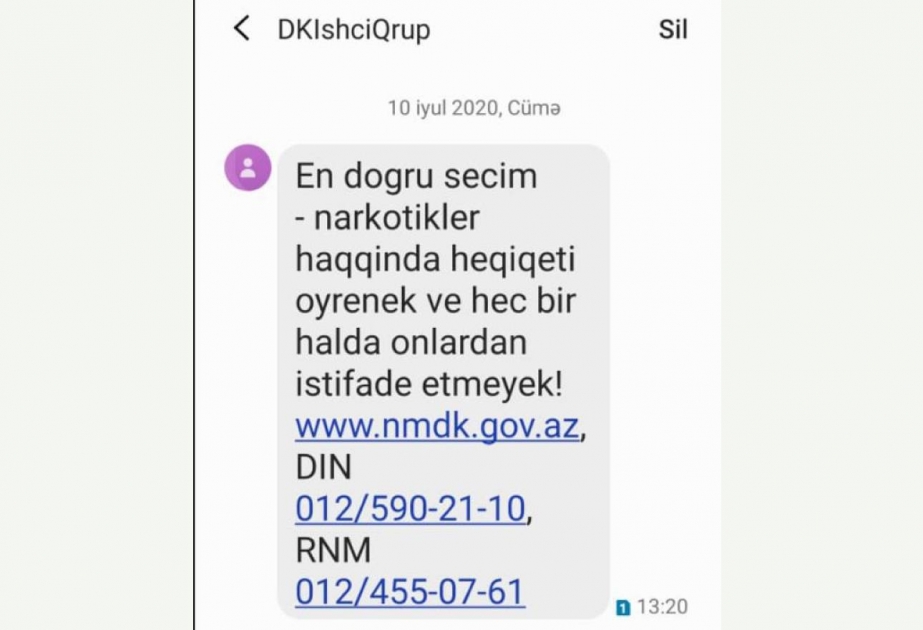 Narkotiklərin zərərləri ilə bağlı 2,9 milyon “Azercell” abunəçisinə SMS-bildiriş göndərilib