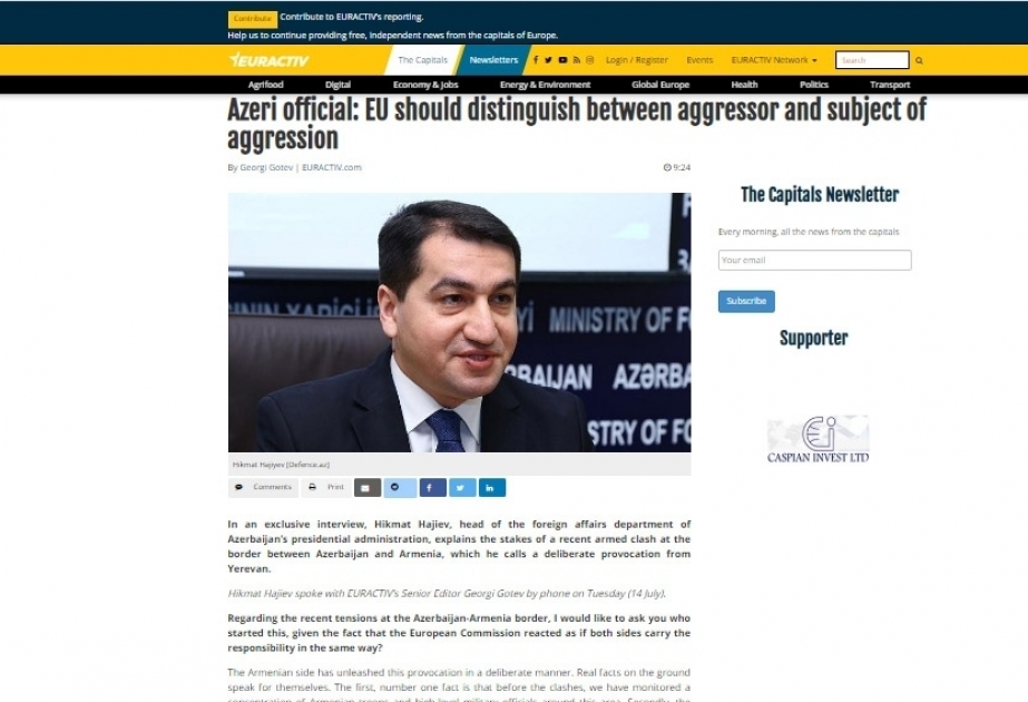 Хикмет Гаджиев: Действия Армении должны быть категорично осуждены международной общественностью, в том числе Европейским Союзом