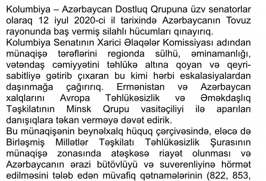 Kolumbiya Senatı Azərbaycanın ərazi bütövlüyünə dəstəyini ifadə edib