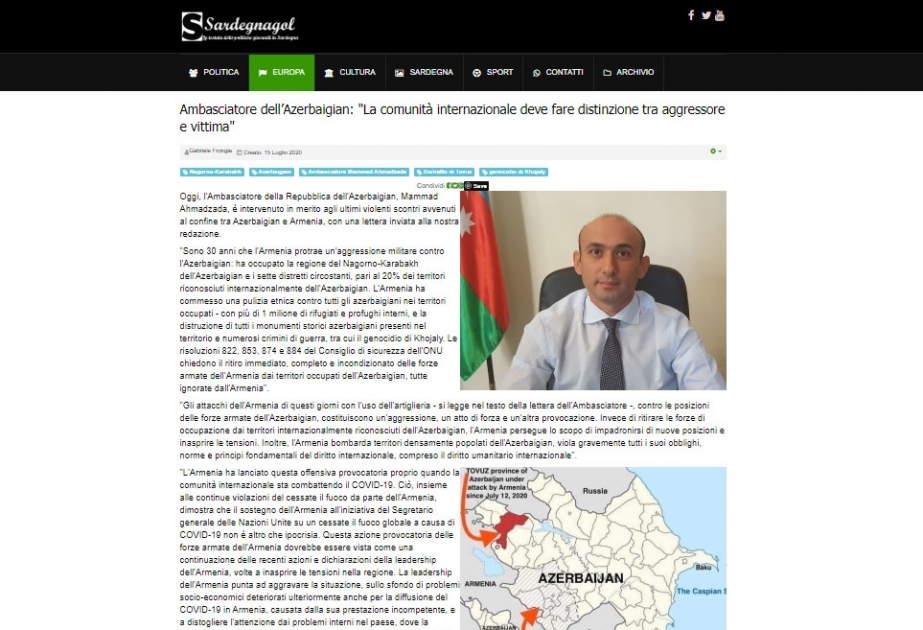 Azərbaycan səfirinin İtaliya mətbuatında Ermənistanın son təxribatlarına dair yazıları dərc olunub