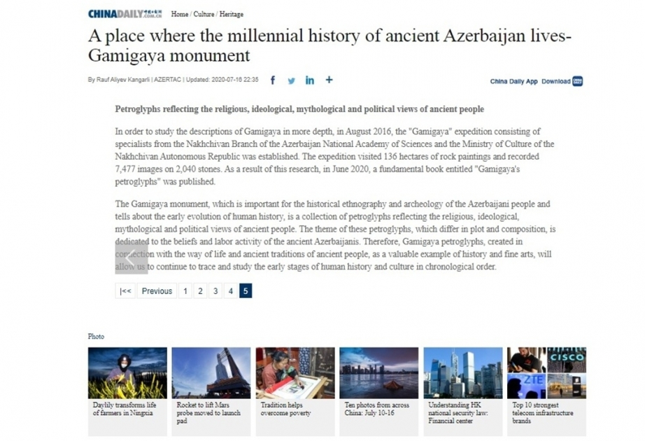 China Daily publishes article by AZERTAC`s correspondent about Gamigaya monument