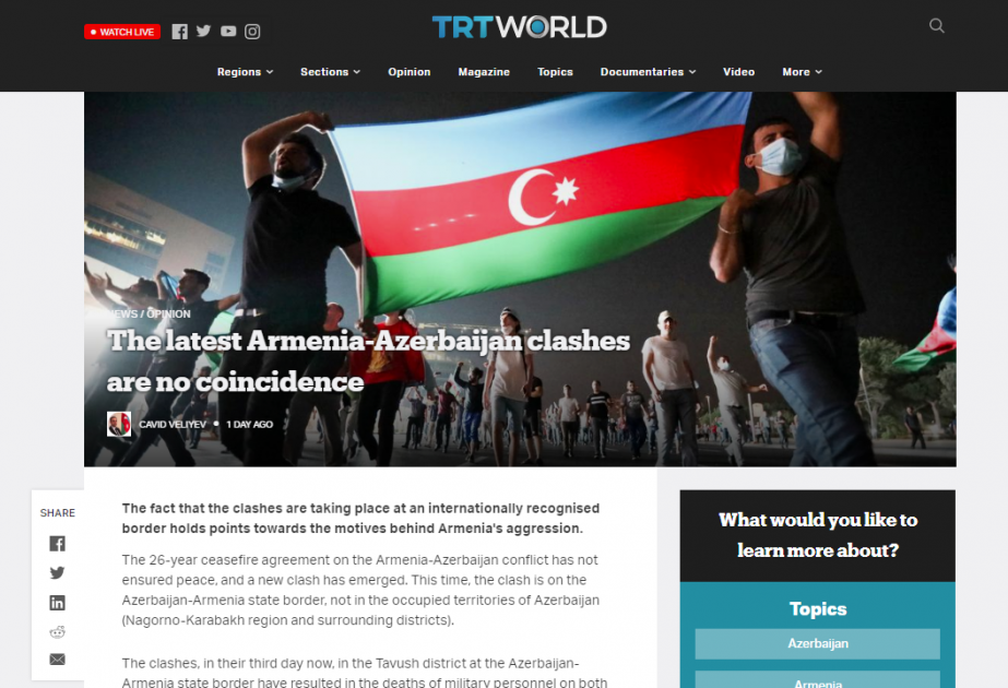 “TRT World” və “Modern Diplomacy” Ermənistanın Tovuzdakı təxribatlarına dair məqalələr yayıb