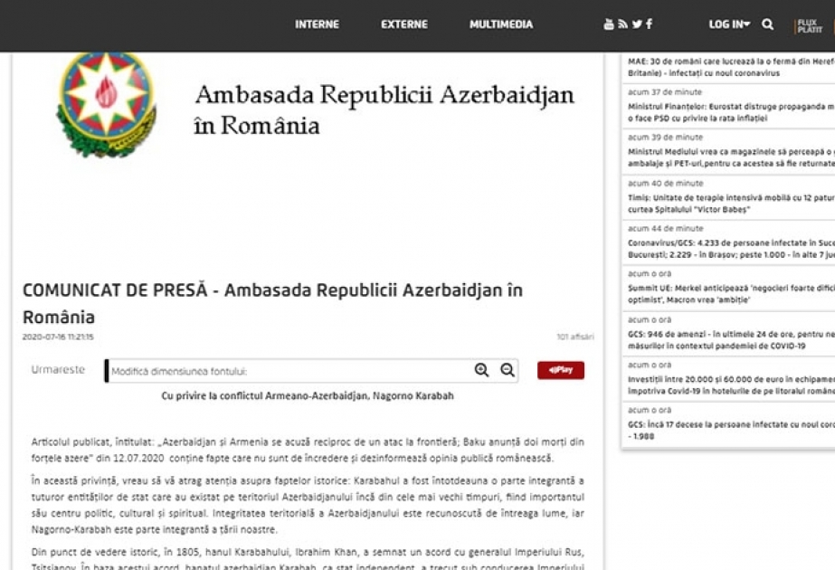 Rumıniyanın “AGERPRES” agentliyi Ermənistan-Azərbaycan Dağlıq Qarabağ münaqişəsinə dair məqalə yayıb