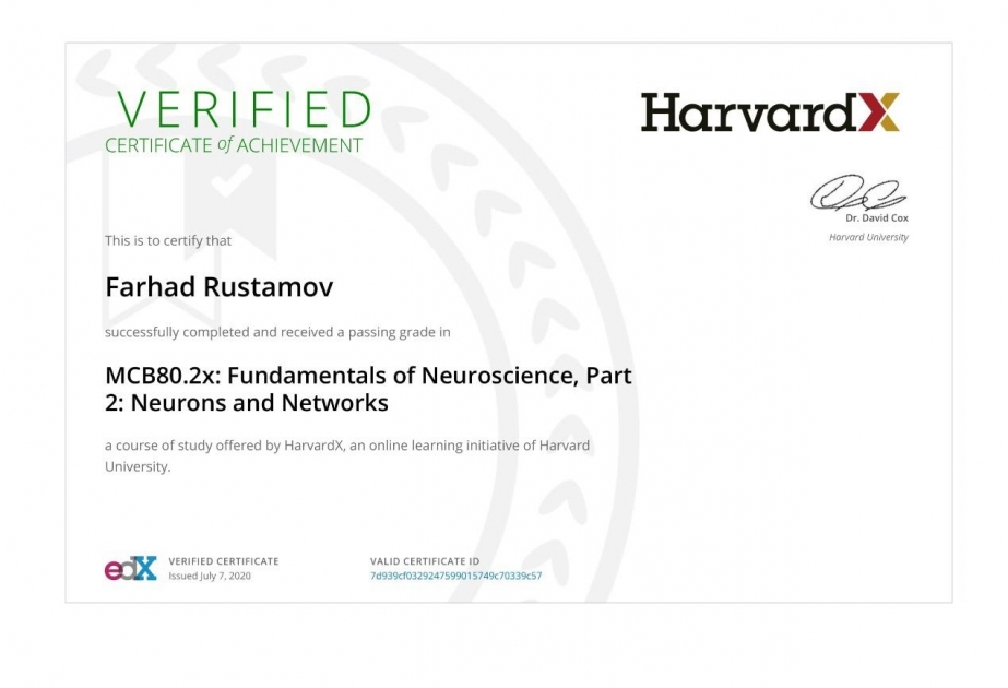 Fiziologiya İnstitutunun əməkdaşı Harvard Universitetinin sertifikatına layiq görülüb