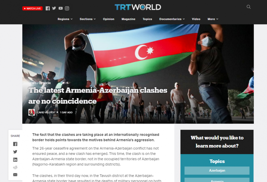 TRT World and Modern Diplomacy publish articles on Armenia's provocations in Tovuz region of Azerbaijan