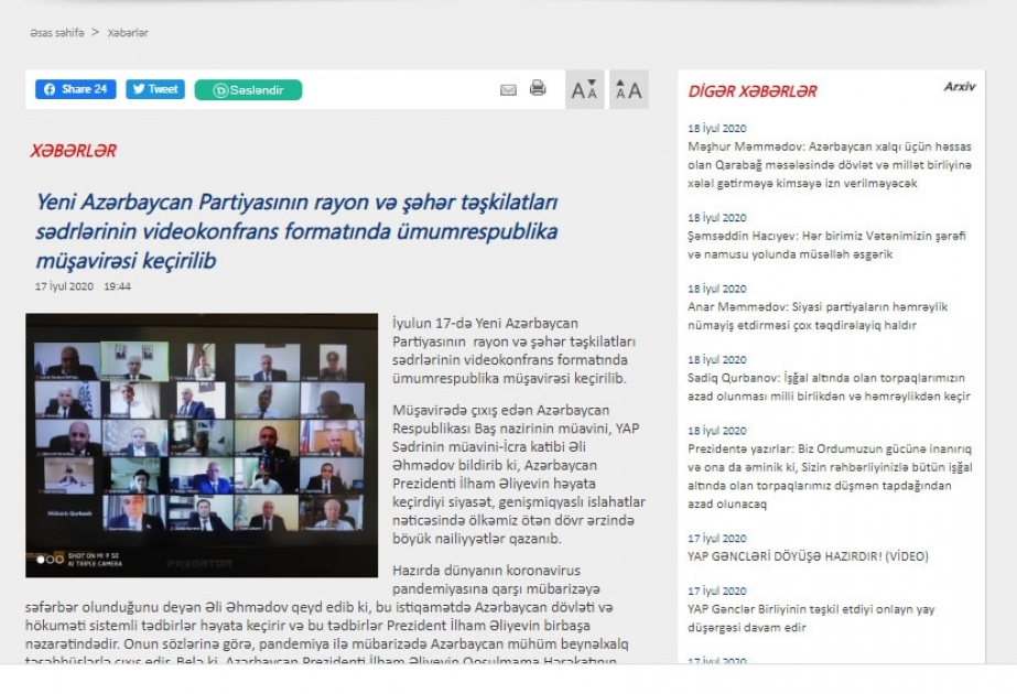 YAP-ın rayon və şəhər təşkilatları sədrlərinin videokonfrans formatında ümumrespublika müşavirəsi keçirilib