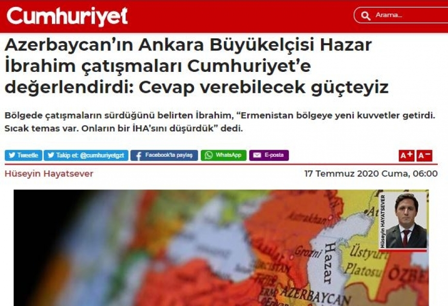 Türkiyə KİV-lərində dərc olunan informasiyalarda Ordumuzun Ermənistanın hərbi təxribatına layiqli cavablarından bəhs olunub