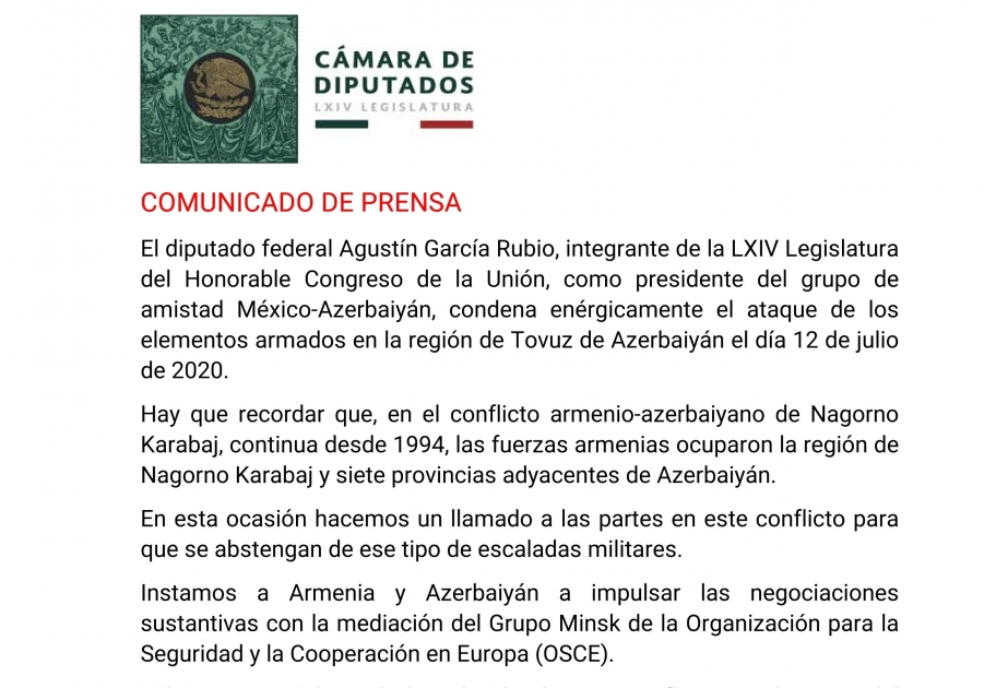 El miembro de la Cámara de Diputados de México difundió una declaración condenando las provocaciones militares de Armenia