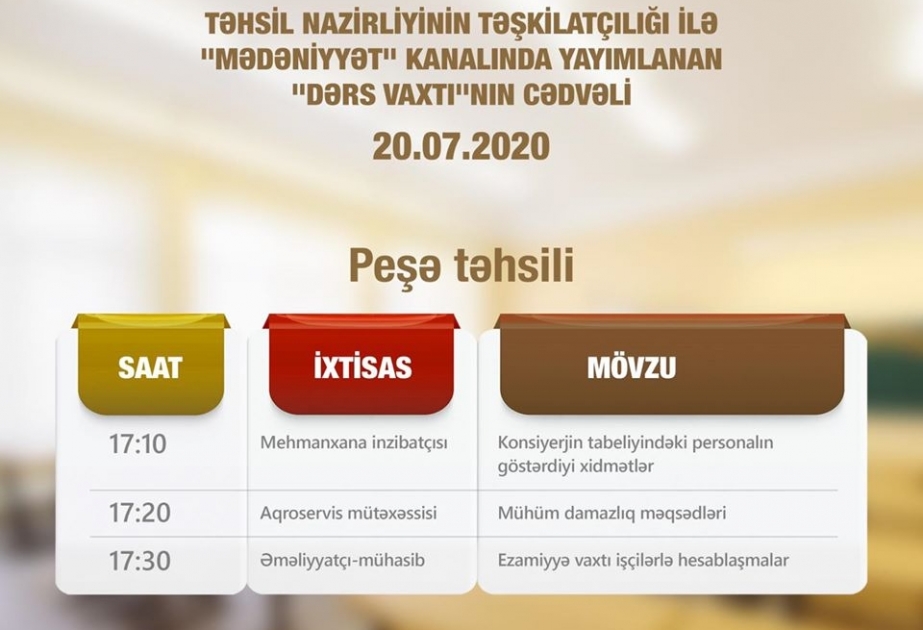 Peşə təhsili üzrə teledərslərin iyulun 20-nə olan cədvəli müəyyənləşdirilib