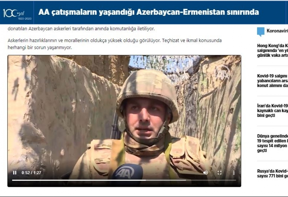 Anadolu agentliyi: Azərbaycan əsgərinin hazırlığı, təchizatı və döyüş əhvalı çox yüksəkdir