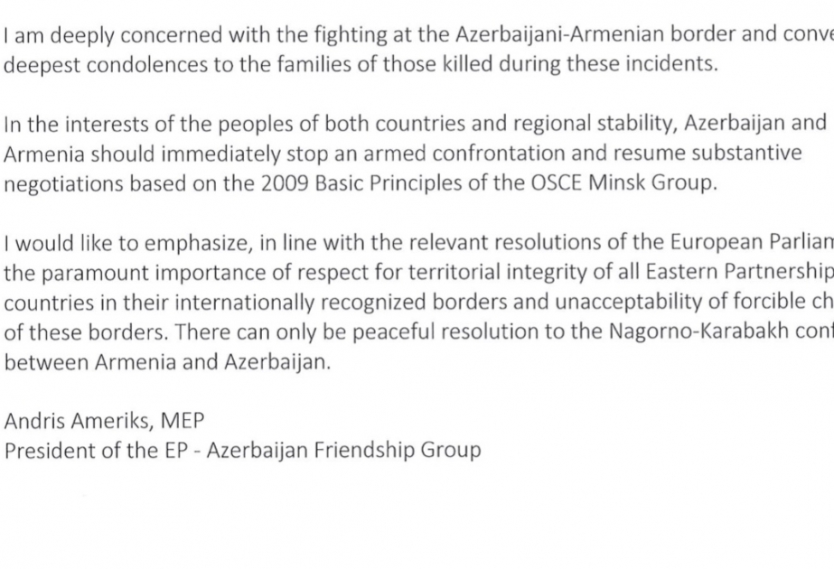 عضو البرلمان الأوروبي: يدعم الاتحاد الأوروبي وحدة أراضي أذربيجان ولا يقبل تغيير الحدود بالقوة
