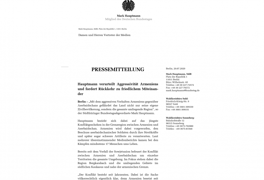 Bundestaqın deputatı: Ermənistan Azərbaycana qarşı təcavüzkar davranışı ilə bütün bölgəni təhlükəyə atır