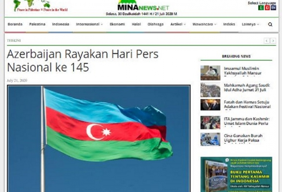 İndoneziya agentliyi AZƏRTAC-ın xüsusi müxbirinin milli mətbuatımızın 145-ci ildönümünə dair məqaləsini yayıb
