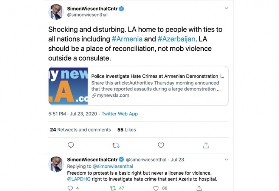 World’s two largest Jewish organizations condemn violent assaults on Azerbaijanis in Los Angeles