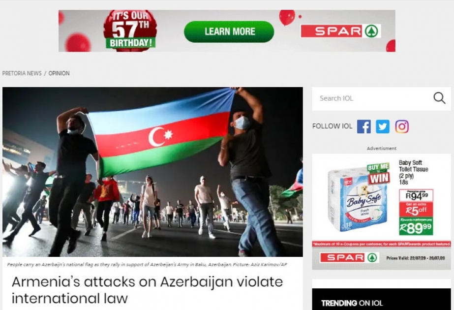 “Pretoria News”: Ermənistan Azərbaycana qarşı təcavüz edərək beynəlxalq hüquq normalarını pozub