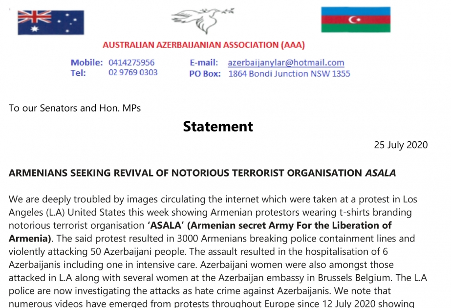 Avstraliya Azərbaycanlıları Assosiasiyası parlamentə ermənilərin “ASALA” terror təşkilatını bərpa etmək niyyəti barədə müraciət edib