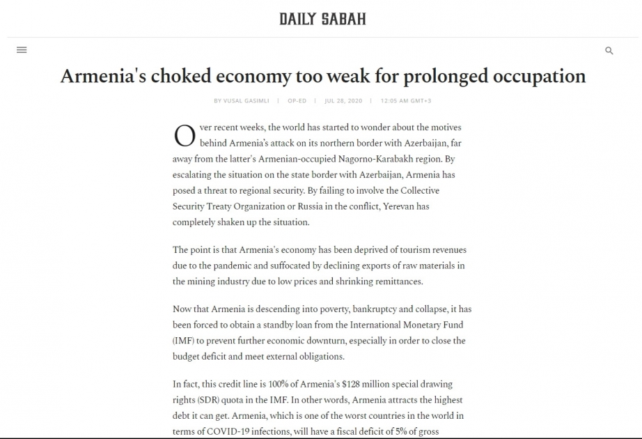 Nüfuzlu “Daily Sabah” nəşri: Zəifləyən Ermənistan iqtisadiyyatı işğalı davam etdirmək gücündə deyil