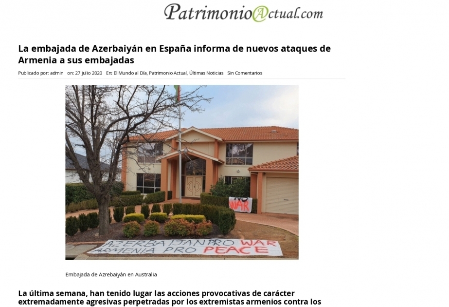 Spanish media publishes article condemning act of vandalism committed by Armenians against Azerbaijani diplomatic missions abroad