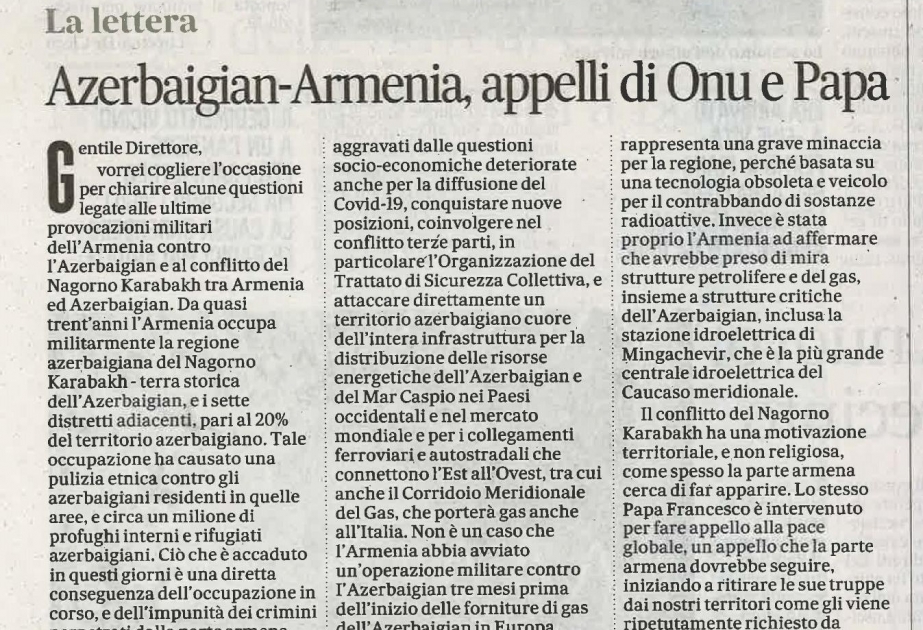 Azərbaycan səfiri İtaliyanın nüfuzlu “İl Messaggero” qəzetində Ermənistanın dezinformasiyalarını ifşa edib