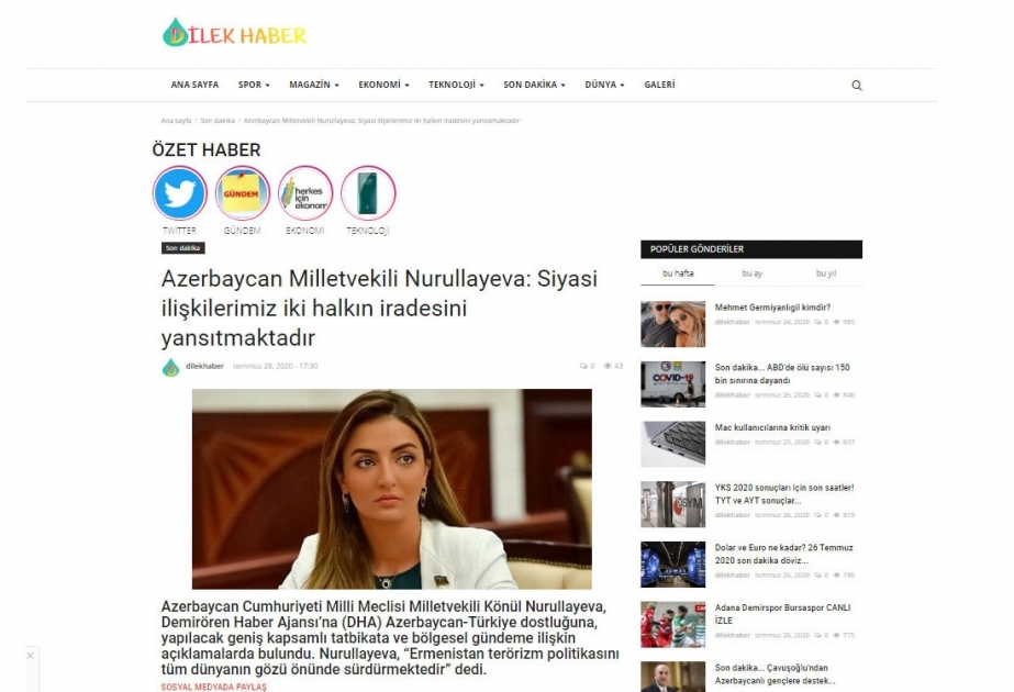 Türkiyə portalları Ermənistanın son hərbi təxribatları ilə bağlı məqalə yayıb
