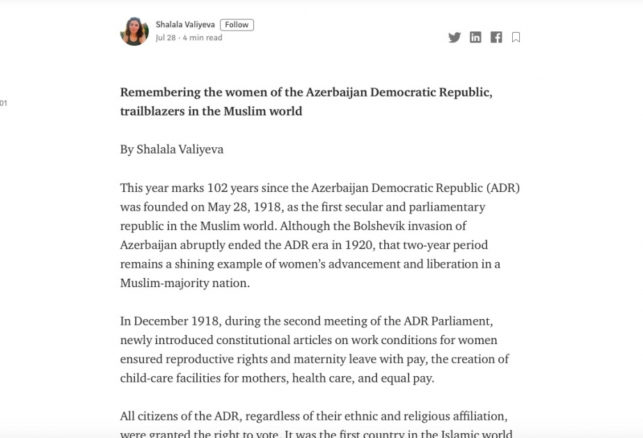ABŞ portalı XX əsrin əvvəllərində Azərbaycan qadınlarının müsəlman dünyasında aparıcı rolundan yazır