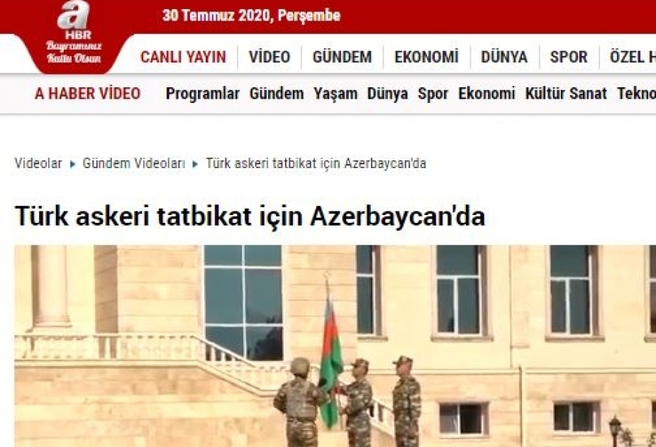 Azərbaycan ilə Türkiyənin birgə hərbi təlimləri qardaş ölkənin KİV-lərində geniş işıqlandırılır