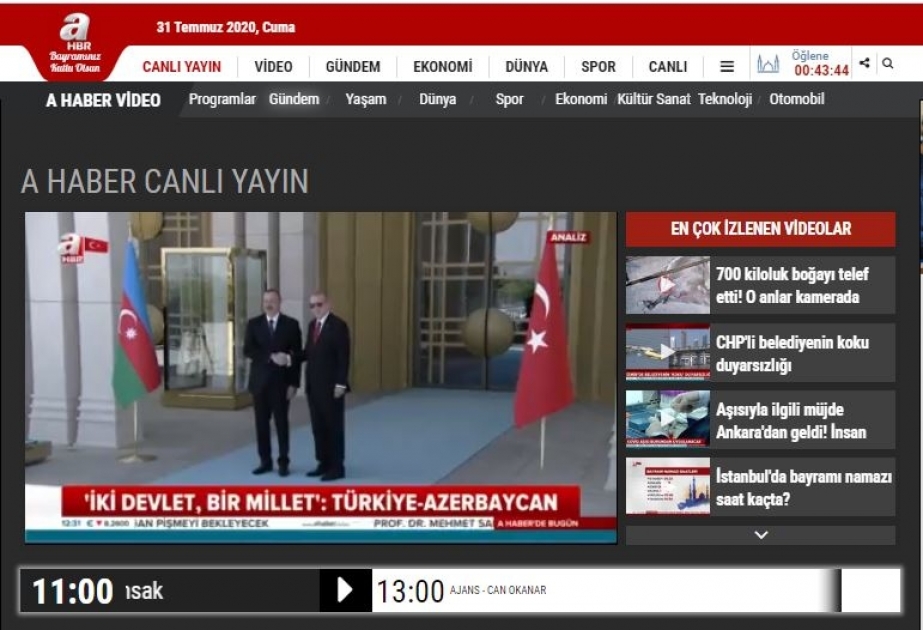 Türkiyənin A HABER televiziya kanalında Azərbaycanla bağlı veriliş yayımlanıb