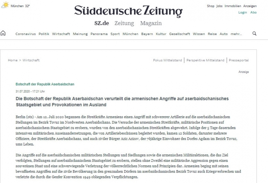 Pressemitteilung: Aserbaidschanische Botschaft in Deutschland verurteilt armenische Angriffe