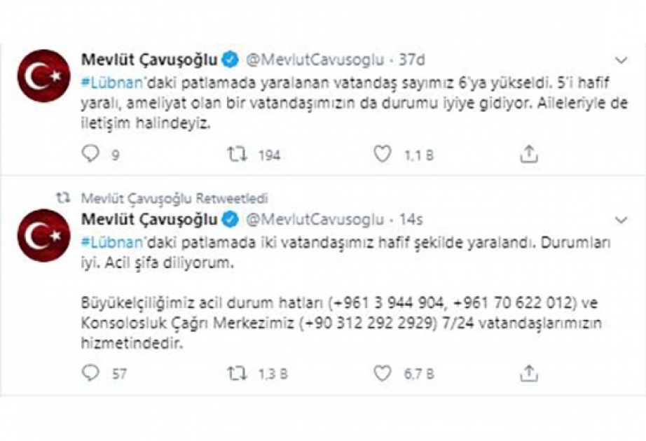 Mövlud Çavuşoğlu: Beyrutdakı partlayış nəticəsində yaralananlar arasında altı Türkiyə vətəndaşı var