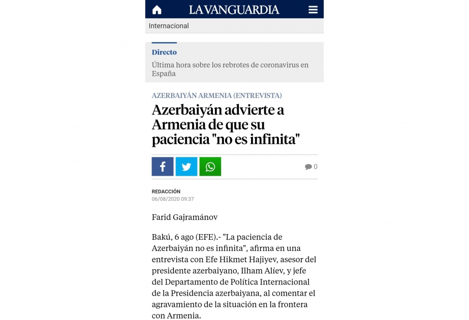 Испанская Lavanguardia: Азербайджан предупреждает Армению, что его терпение не безгранично