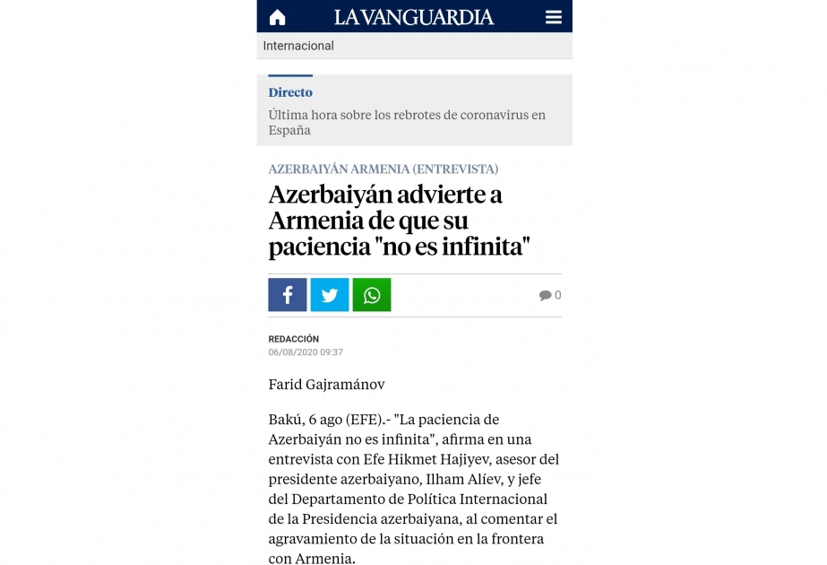 Lavanguardia: "Azerbaiyán advierte a Armenia de que su paciencia no es infinita"