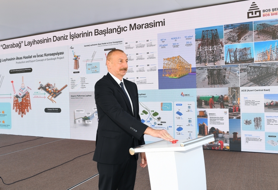 Le président Ilham Aliyev participe à la cérémonie d’envoi à la mer des jackets pour le champ « Karabagh » VIDEO