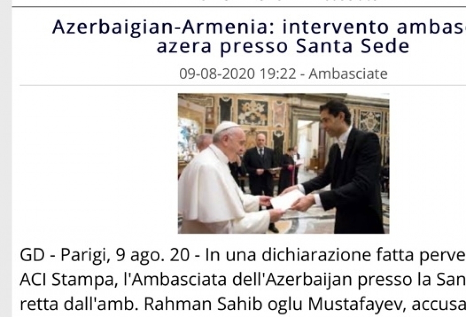 Los artículos del embajador de Azerbaiyán se publicaron en los portales de Internet del Vaticano