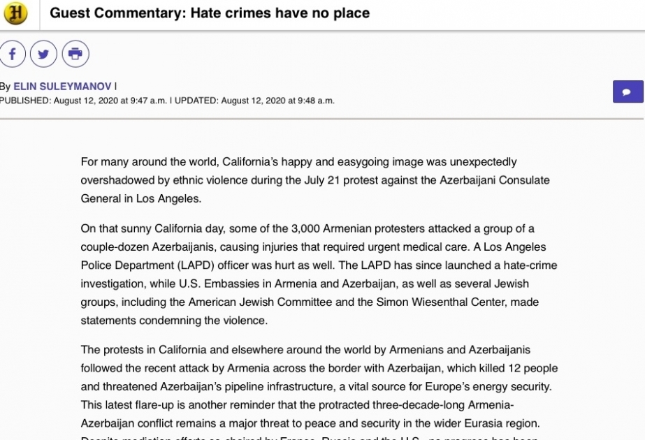 المقال الصادر في إحدى صحف كاليفورنيا يتحدث عن الفظائع التي ارتكبها الأرمن في لوس أنجلوس