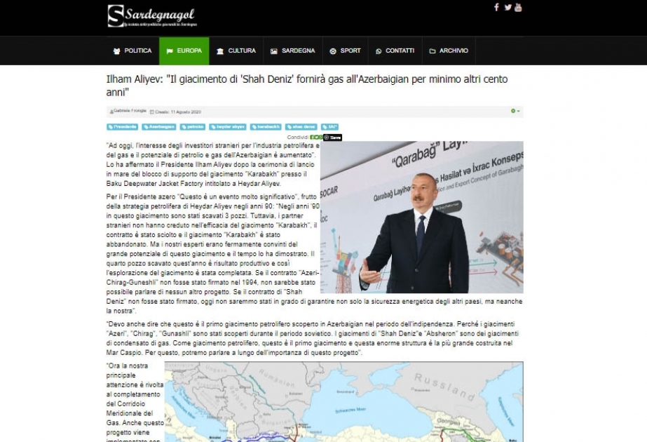 İtaliya mətbuatı Prezident İlham Əliyevin “Qarabağ” yatağının dayaq blokunun dənizə yola salınması mərasimindəki fikirlərinə geniş yer ayırıb