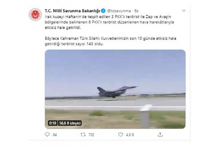 İraqın şimalında 9 PKK terrorçusu zərərsizləşdirilib