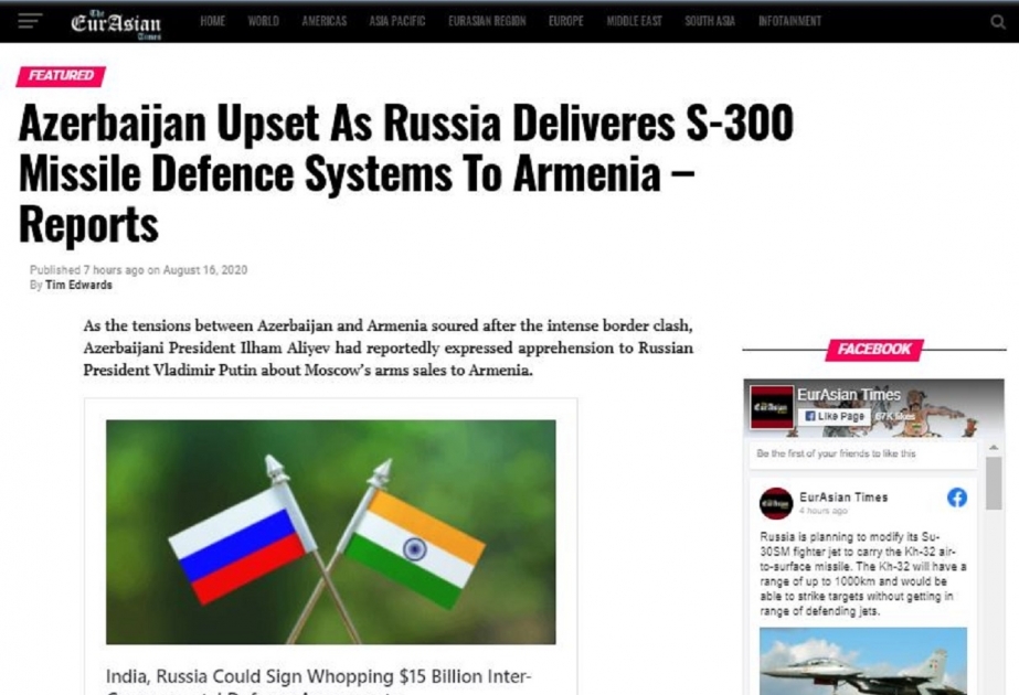 “The EurAsian Times” nəşri Rusiyanın Ermənistana silah təchizatı ilə bağlı Azərbaycanın narahatlığından yazıb