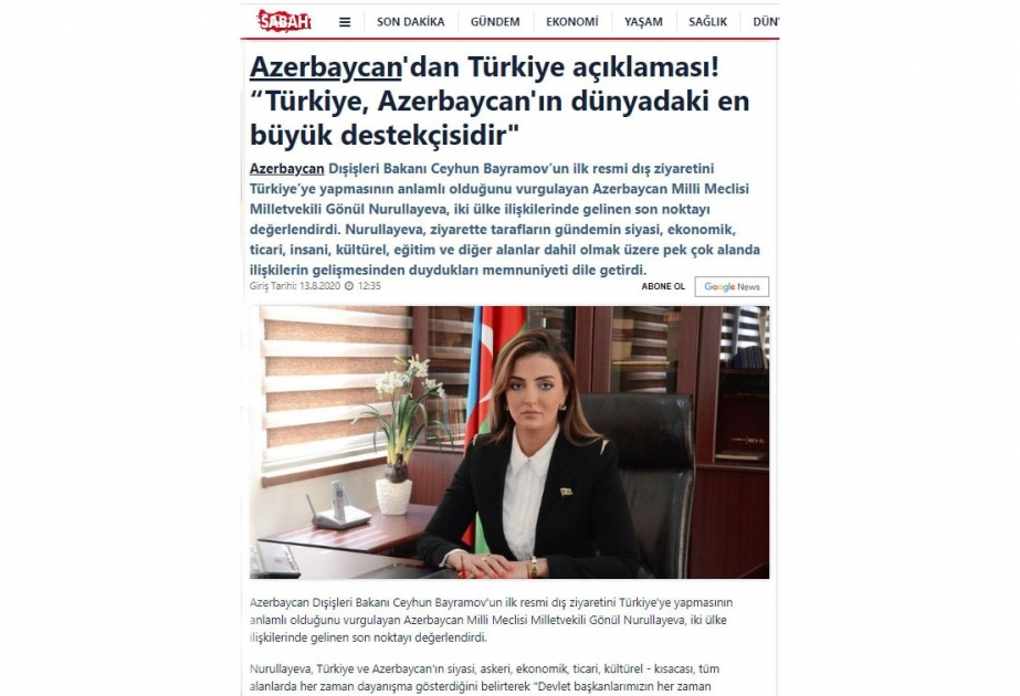 Deputat: Türkiyə dünya miqyasında Azərbaycanın ən böyük dəstəkçisidir