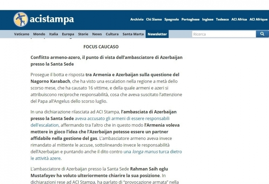 На интернет-портале Ватикана опубликовано интервью посла Азербайджана